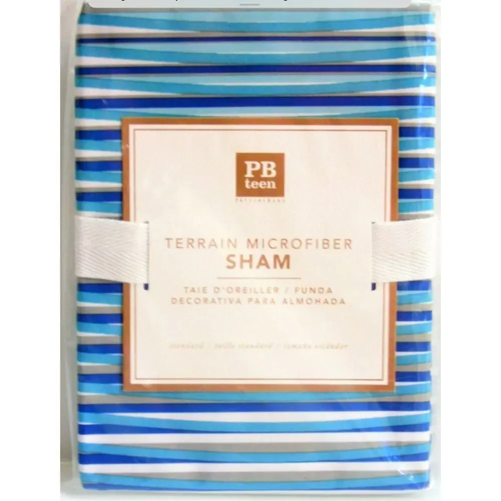 NEW PB Teen Standard PILLOW CASE Blue White Striped Organic Terrain Microfiber
